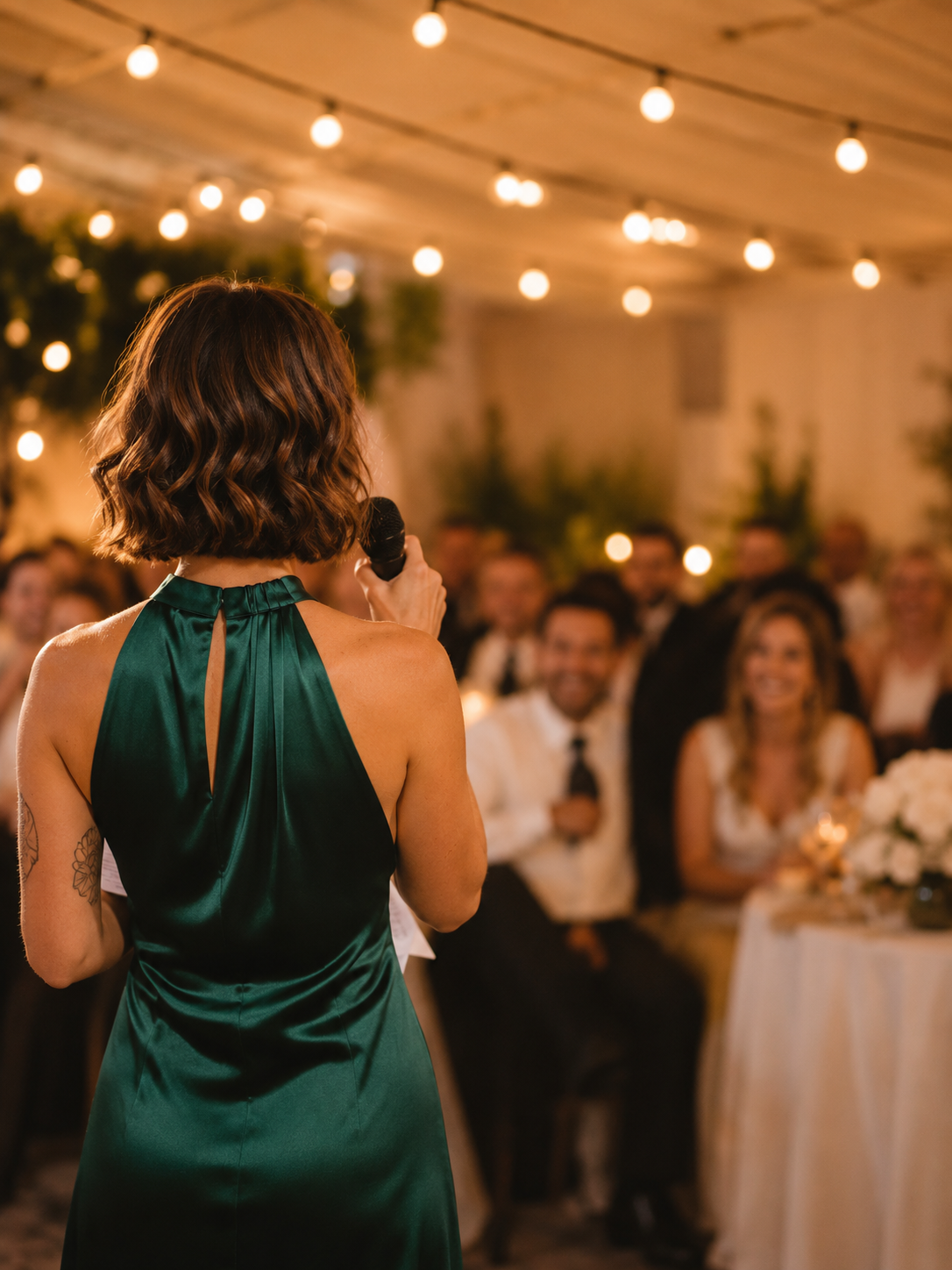 Celebrant in an emerald dress, seen from behind, speaking into a microphone at a reception under warm festoon lights