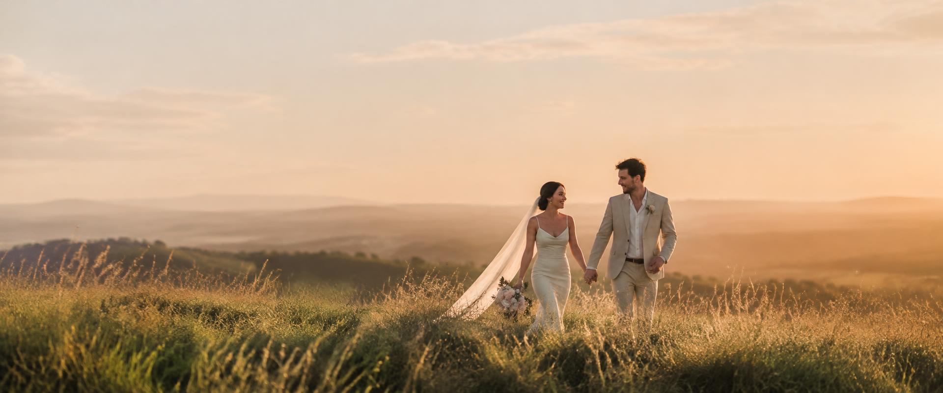 Bride and groom walking hand in hand through tall grass in the hinterland at golden hour