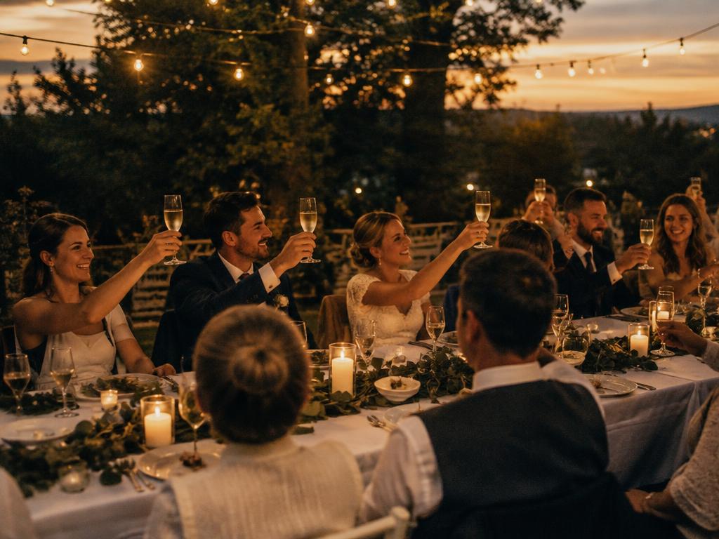 Wedding guests raising champagne glasses at a candlelit long table under festoon lights