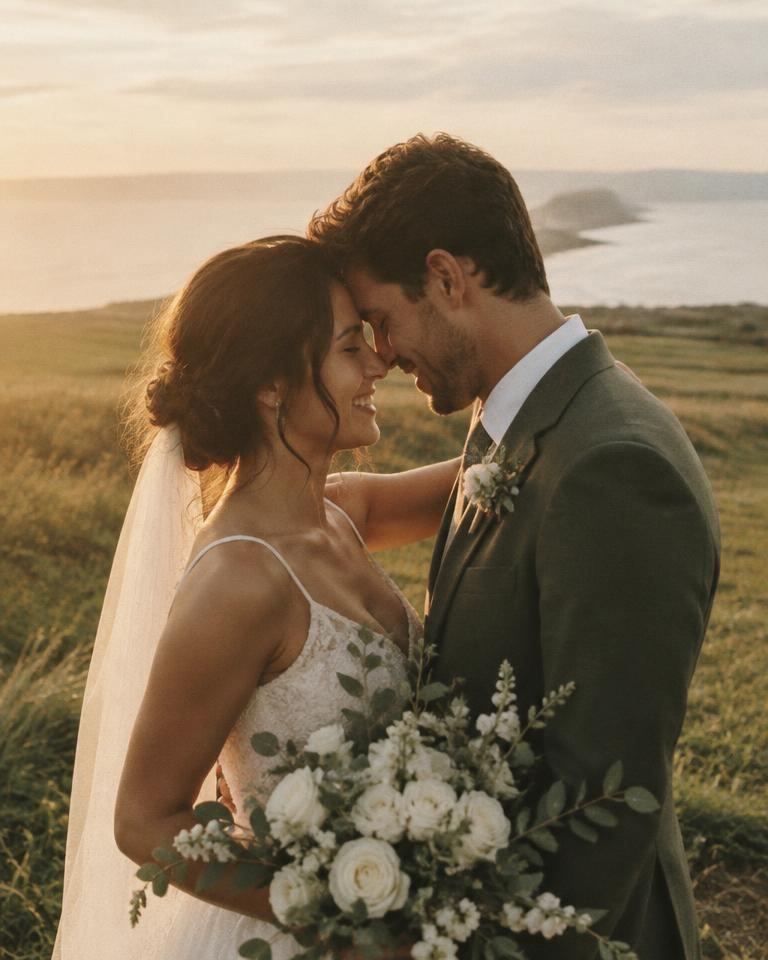 Bride and groom forehead to forehead, smiling at golden hour by the coast